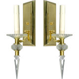 PAIR French Crystal and Brass Sconces.
