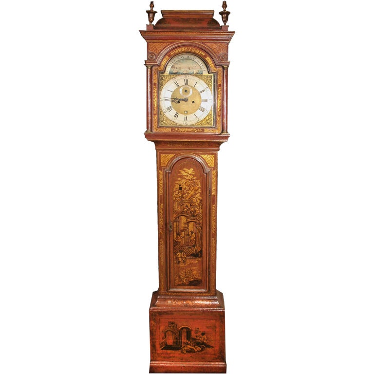 # S508 - Early Georgian red japanned longcase clock with chinoiserie decoration,  inscribed 'Daniel Ray, Maningtree'. Note the decorative effect produced by the chinoiserie decoration, rich with intricate border motifs as well as two stunning