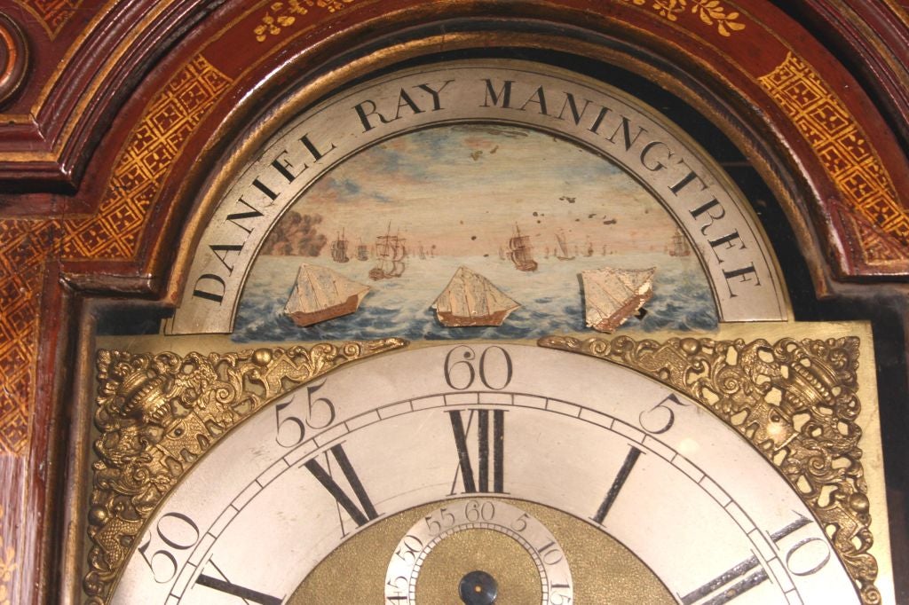 Early Georgian Red Chinoiserie Clock, circa 1740 In Good Condition For Sale In New York, NY