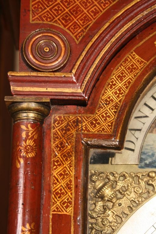 18th Century and Earlier Early Georgian Red Chinoiserie Clock, circa 1740 For Sale