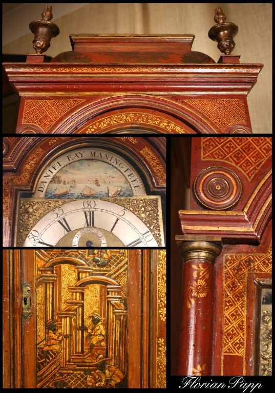 Early Georgian Red Chinoiserie Clock, circa 1740 For Sale 2