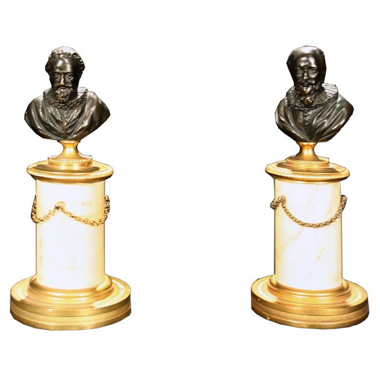 Pair of Bronze and Marble Pedestal Busts, 19th Century For Sale