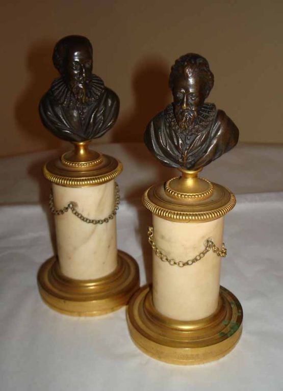 20th Century Pair of Bronze and Marble Pedestal Busts, 19th Century For Sale