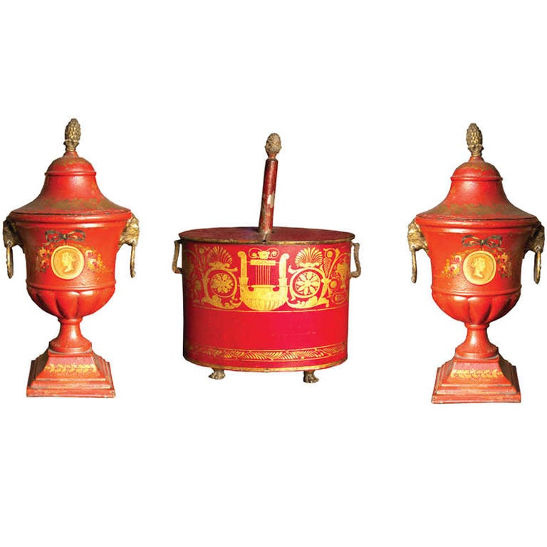 Pair of Red Tole Urns and Flower Holder, circa 1810