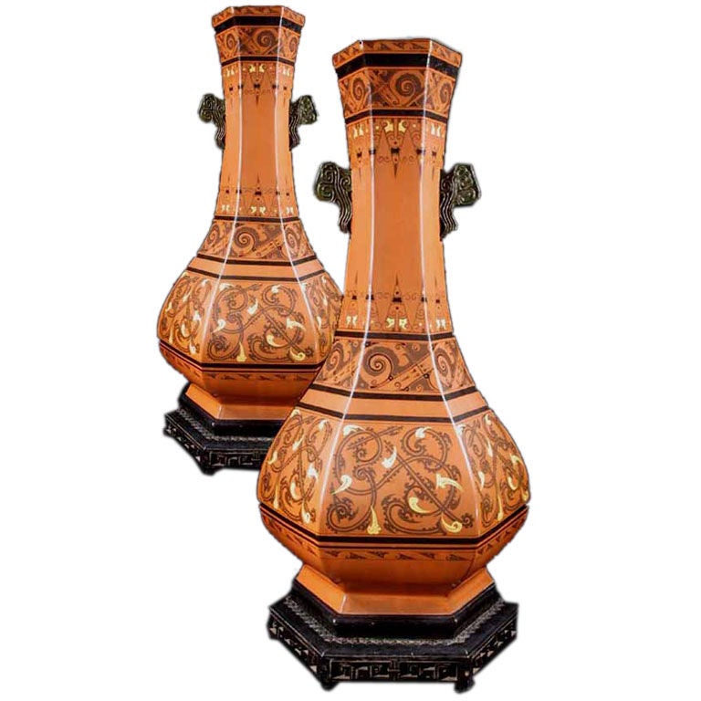 Grand Pair of Lacquer Vases in Style of Dresser, circa 1880 For Sale