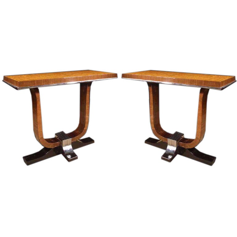 Refined Pair Art Deco Consoles Tables With Chrome Moldings Circa 1930 For Sale