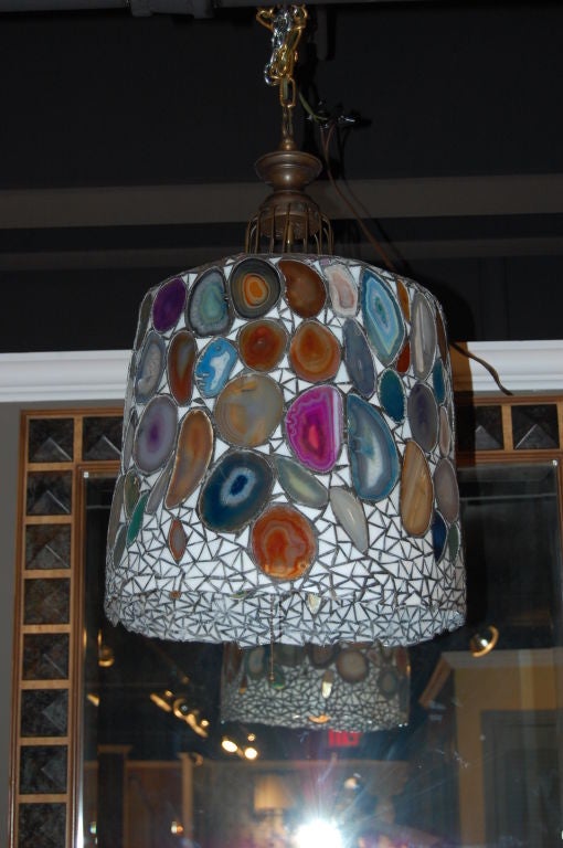 Stained Glass and Geode Slices Agate Hanging Lamp.  Beautiful Colors!