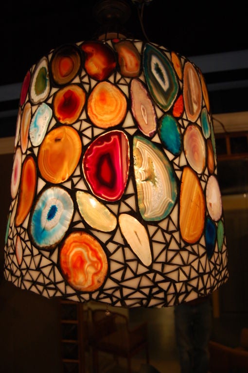 Stained Glass and Geode Slices Agate Hanging Lamp In Excellent Condition For Sale In Stamford, CT