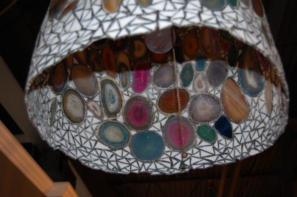 20th Century Stained Glass and Geode Slices Agate Hanging Lamp For Sale