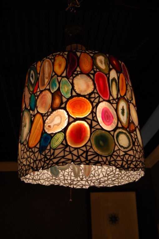 Stained Glass and Geode Slices Agate Hanging Lamp For Sale 1