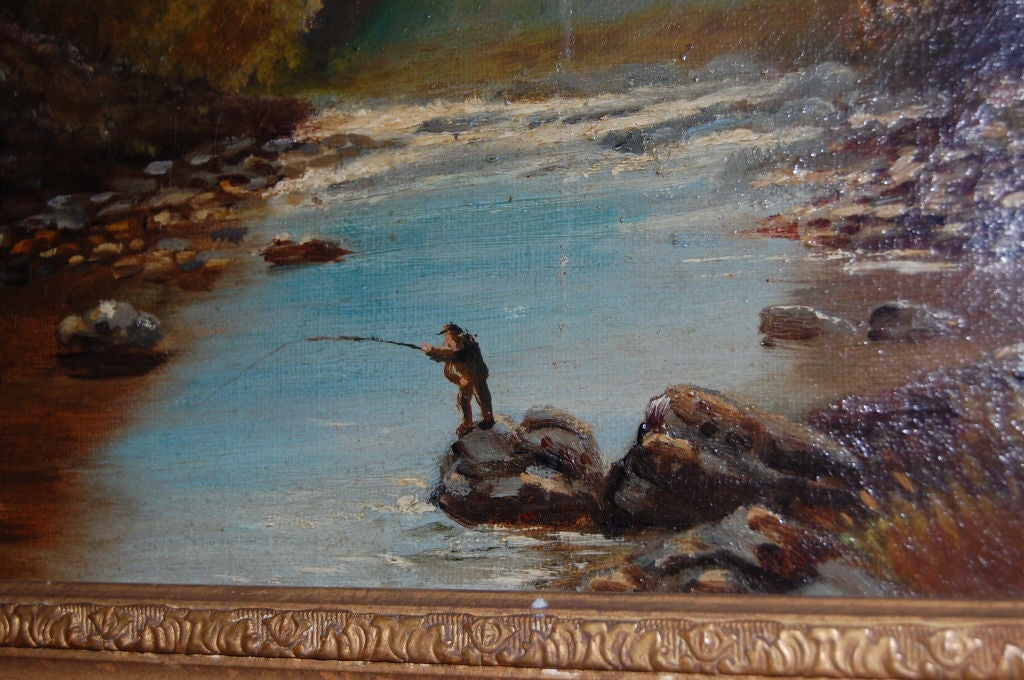 English British Landscape with Fisherman. Oil on Canvas. 19th century For Sale