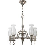 A five arm nickel chandelier with cut glass hurricanes