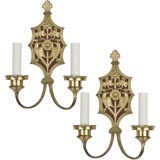 Antique A pair of two arm brass and enamel sconces