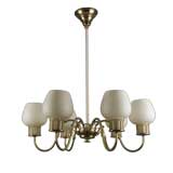 Six-light glass shaded brass chandelier