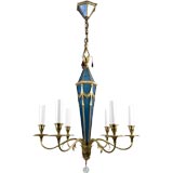 Antique A blue mirrored and gold washed brass chandelier