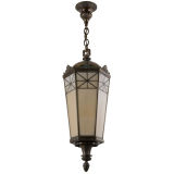 Antique Neoclassical bronze lantern with leaded glass panels