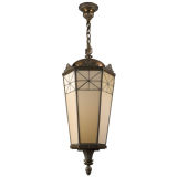 Antique Neoclassical bronze lantern with leaded glass panels