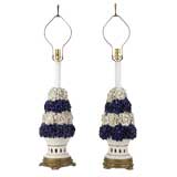 A pair of blue and white floral ceramic table lamps