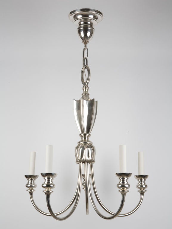 A five arm silverplated brass chandelier