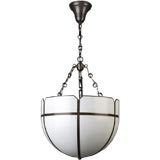 A brass framed art glass inverted dome chandelier