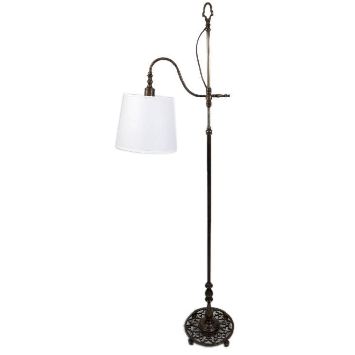 An adjustable height, bridge-arm floor lamp