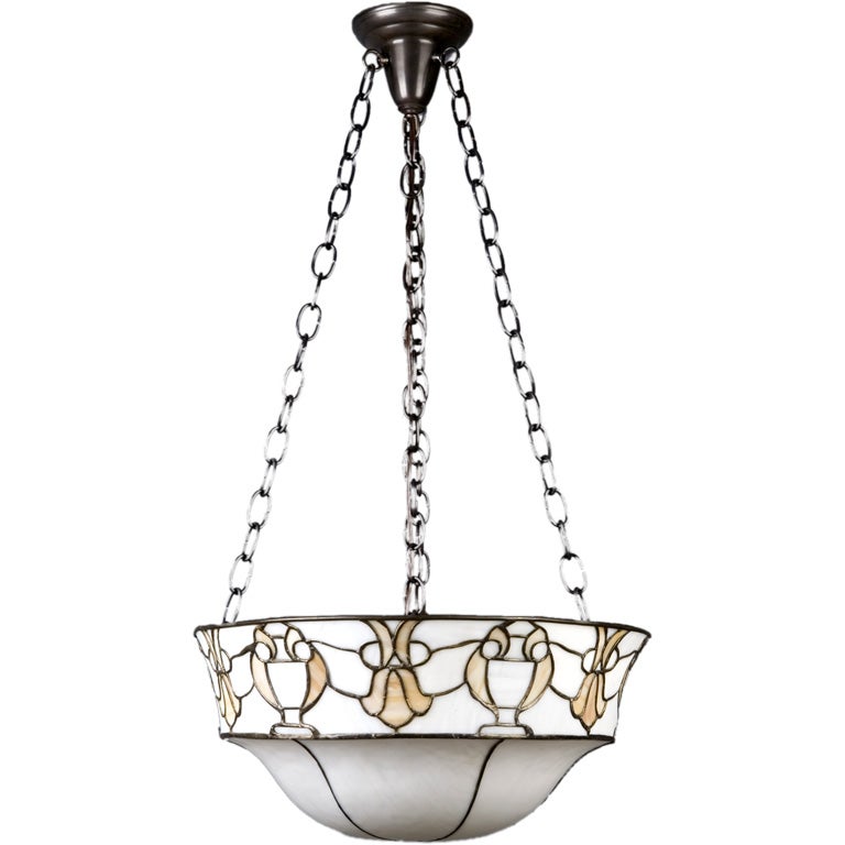 A leaded art glass inverted dome chandelier