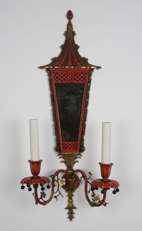 A pair of Chinoserie two-arm sconces by E. F. Caldwell