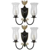 A pair of two arm brass and black enamel sconces