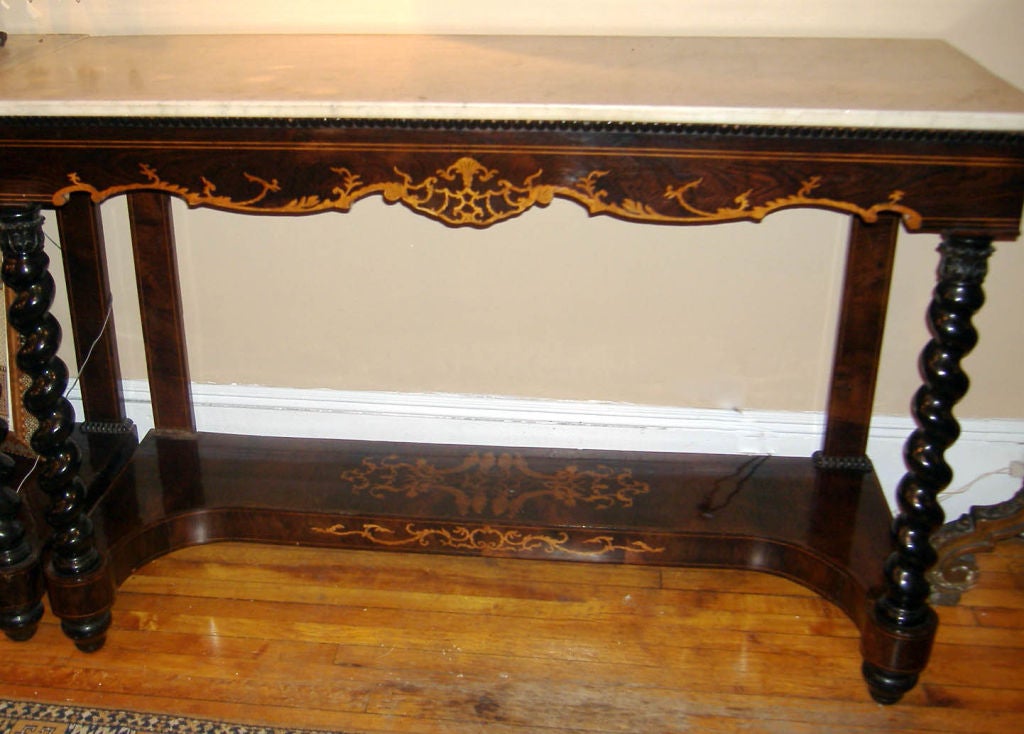 Pair of Large Marquetry Consoles with Marble Top