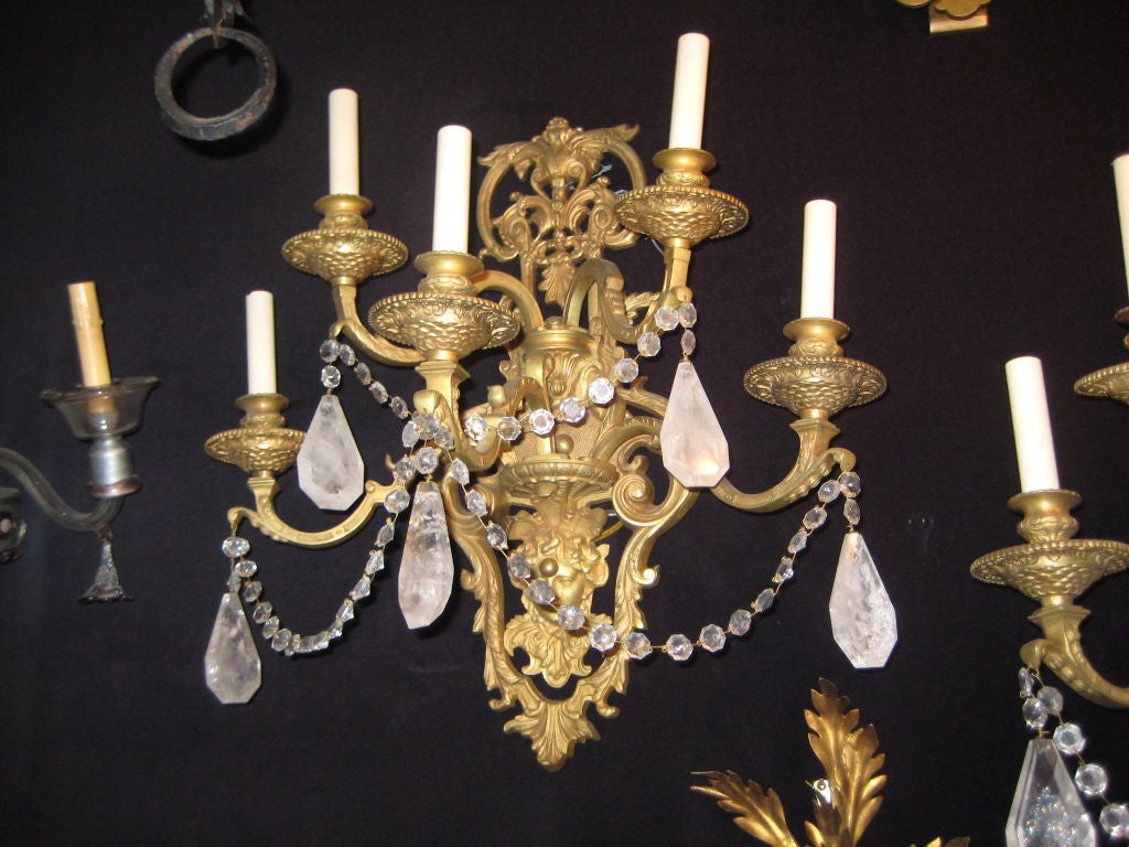 French Pair of Bronze Sconces with Rock Crystal Drops For Sale