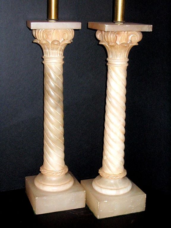 Early 20th Century Twisted Column Alabaster Table Lamps For Sale
