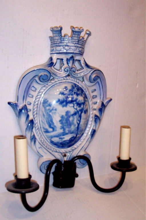 French Pair of White and Blue Porcelain Sconces