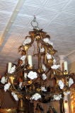 Gilt Chandelier with White Porcelain Flowers