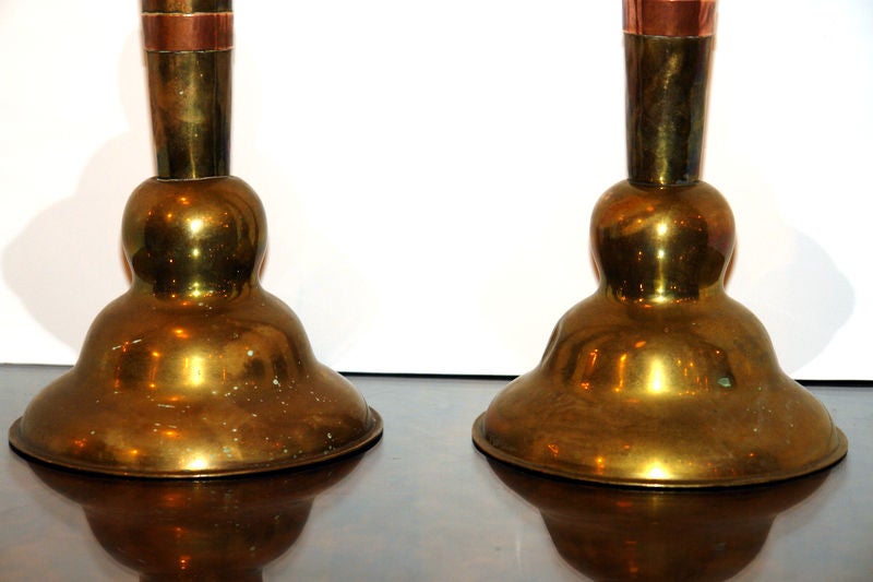 Italian Pair of Brass and Copper Table Lamps For Sale