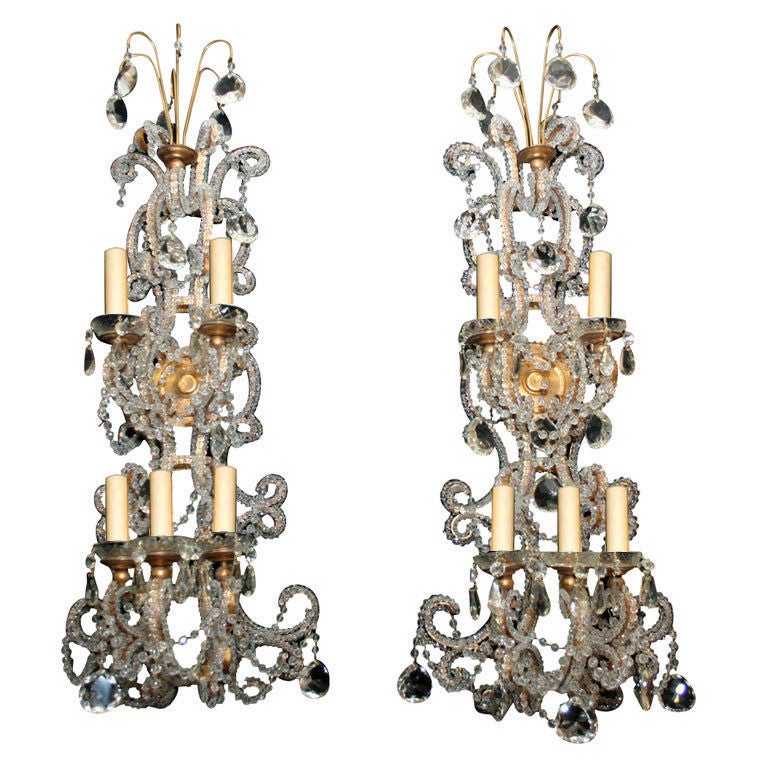 Set of Four Large Gilt Sconces with Beads For Sale
