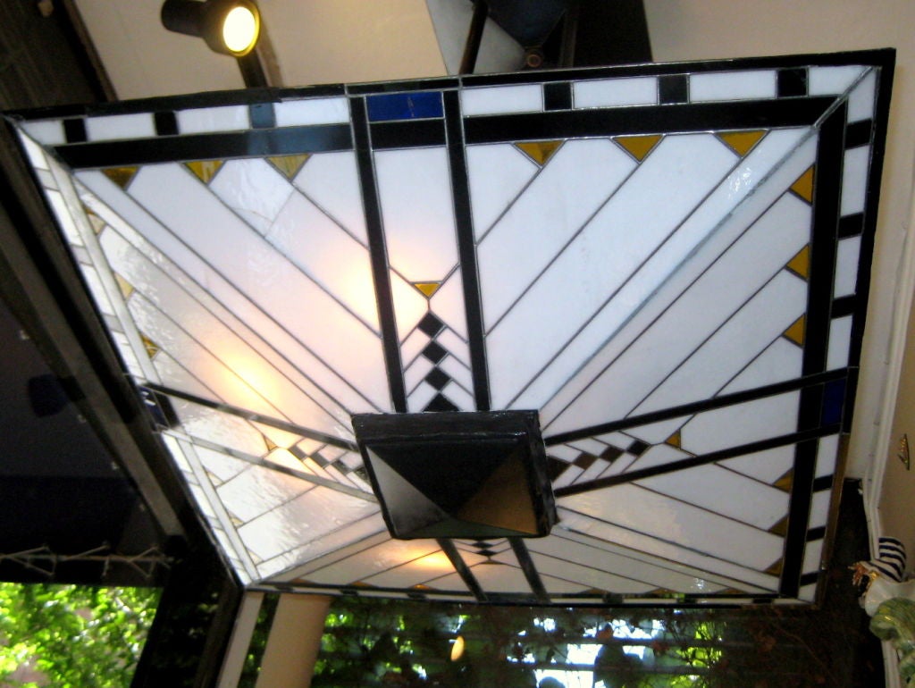 French Art Deco Leaded Glass Light Fixture For Sale