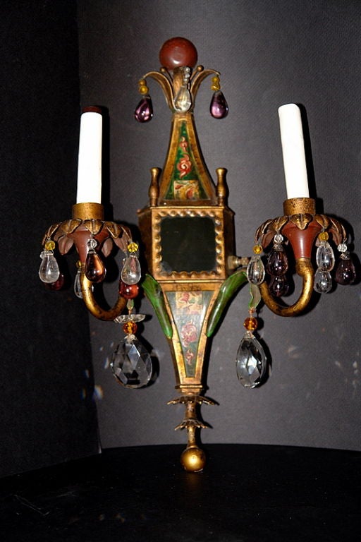 Pair of English Painted Tole Sconces with Crystals In Good Condition For Sale In New York, NY