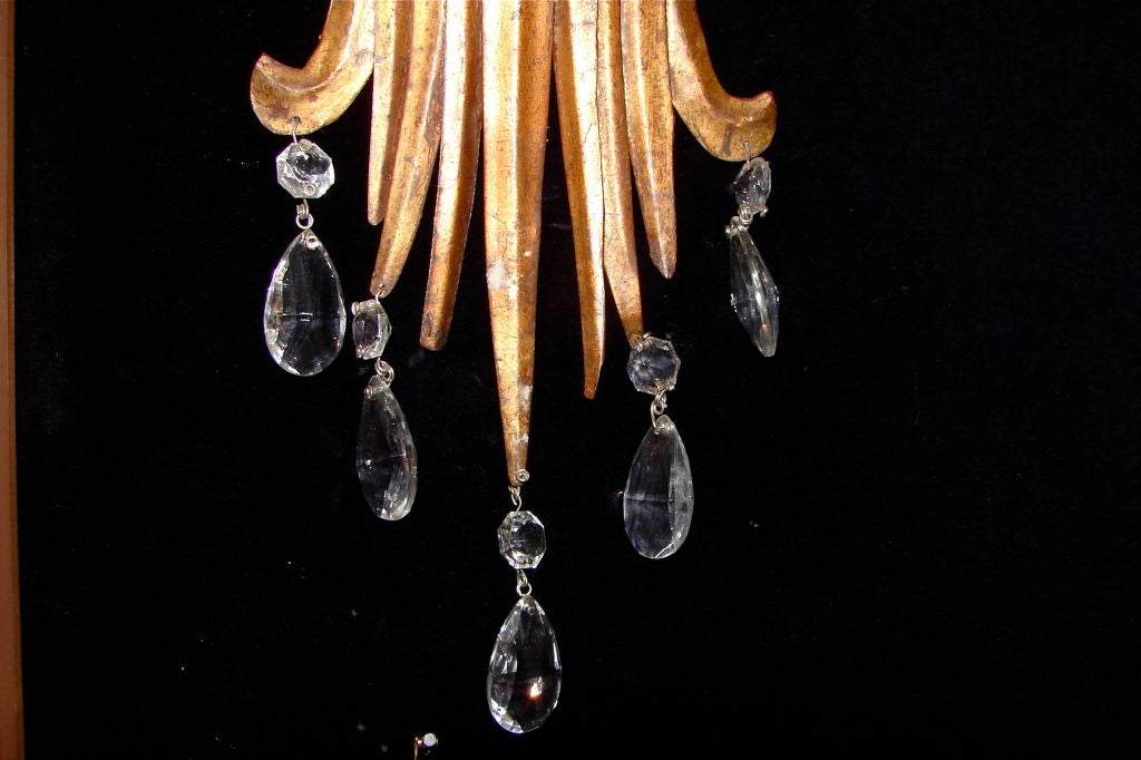Gilt Metal Palm Sconces with Crystal Drops In Excellent Condition In New York, NY