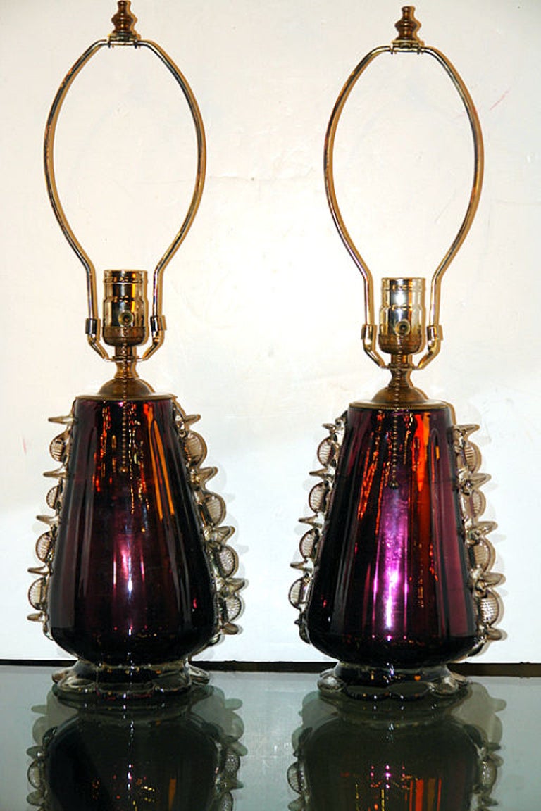 A pair of Venetian circa 1920s mercury amethyst glass table lamps.

Measurements:
Height of body 11