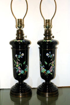 Antique Pair of Hand-Painted Porcelain Oil Lamps