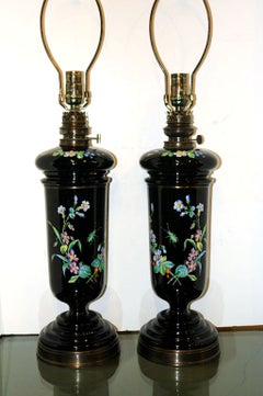 Pair of Hand-Painted Porcelain Oil Lamps