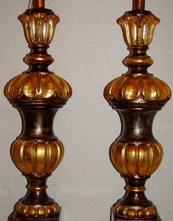 Italian Pair of Carved Wood Table Lamps For Sale