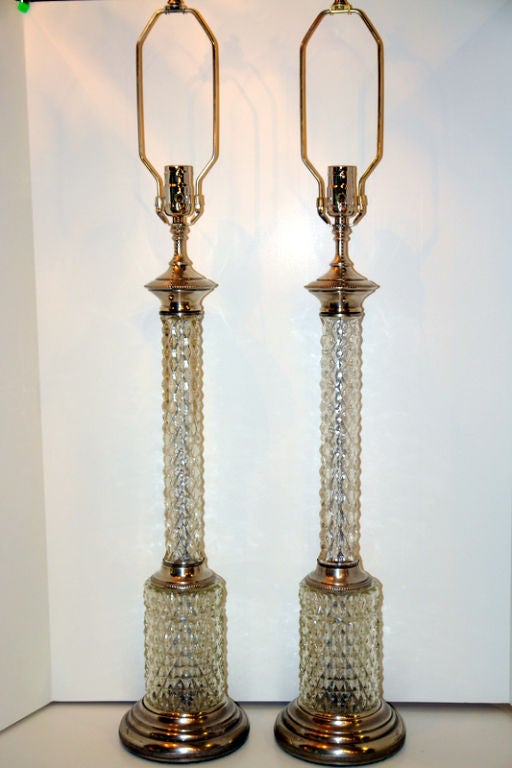 French Pair of Molded Glass Column Table Lamps For Sale