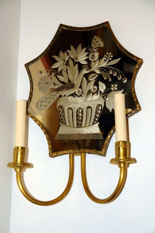 American Pair of Etched Mirror Caldwell Sconces For Sale
