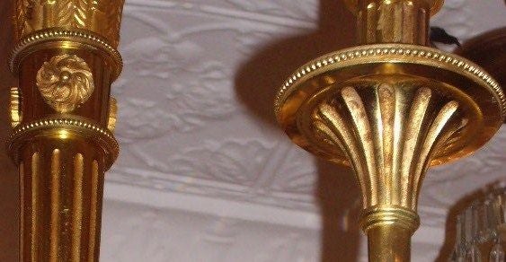 A circa 1900's French gilt bronze Neo-Classic Style Chandelier with six lights. Available in our 238 East 60th Street Location.