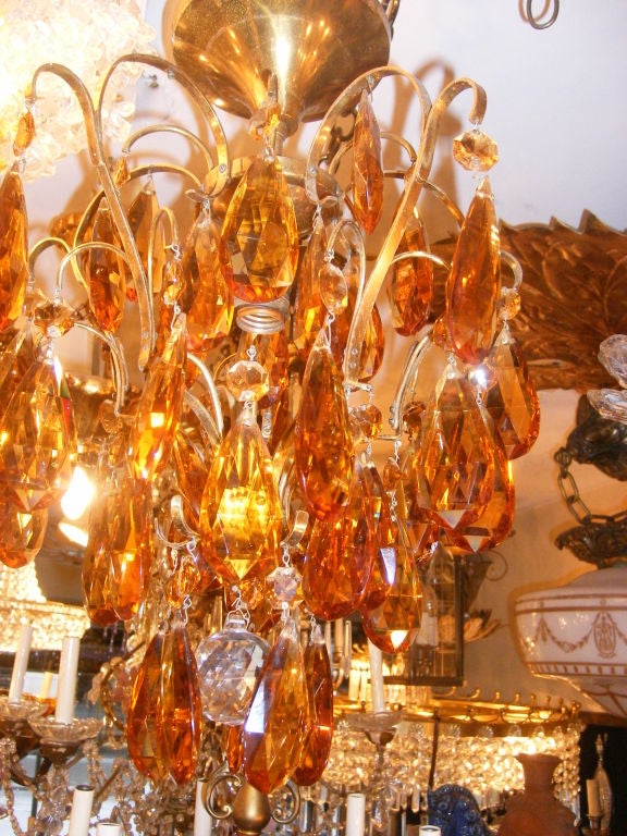 French Gilt Metal and Amber Crystal Light Fixture For Sale