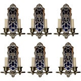 Antique Set of 6 Silver Plated & Blue Mirror Sconces