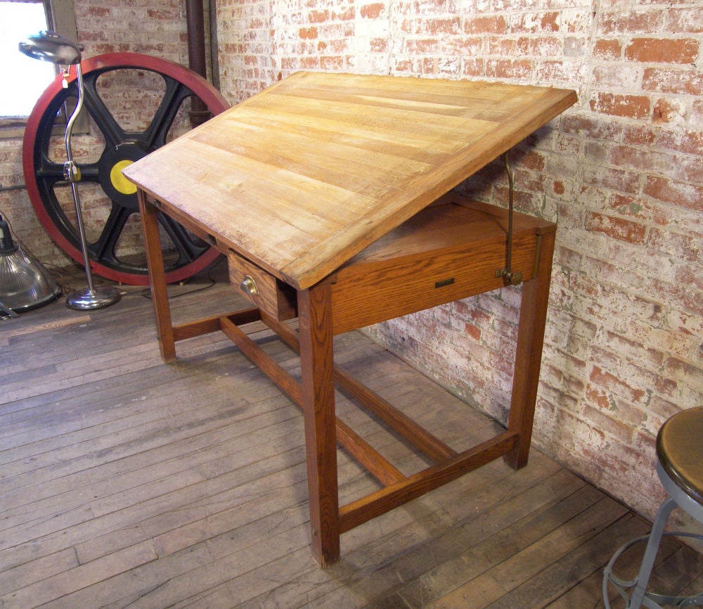 Wooden Dietzgen Drafting Table with Two Drawers.