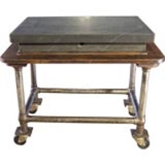 Vintage Industrial Wood & Steel Factory Table Rolling Bar Cart with Granite Top 9