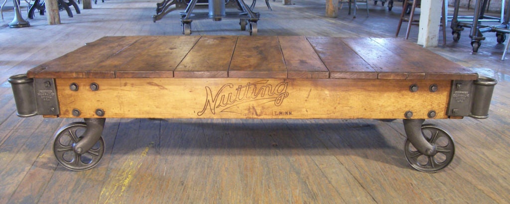 Industrial Nutting Cart, Constructed of Maple Wood with Cast Iron Wheels.